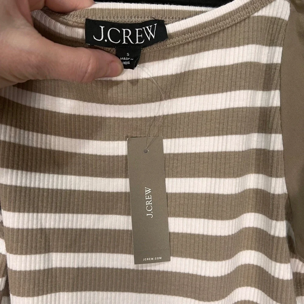 J.Crew Womens Tan White Striped Ribbed Puff Sleeve Mixed Media Top Small NEW
